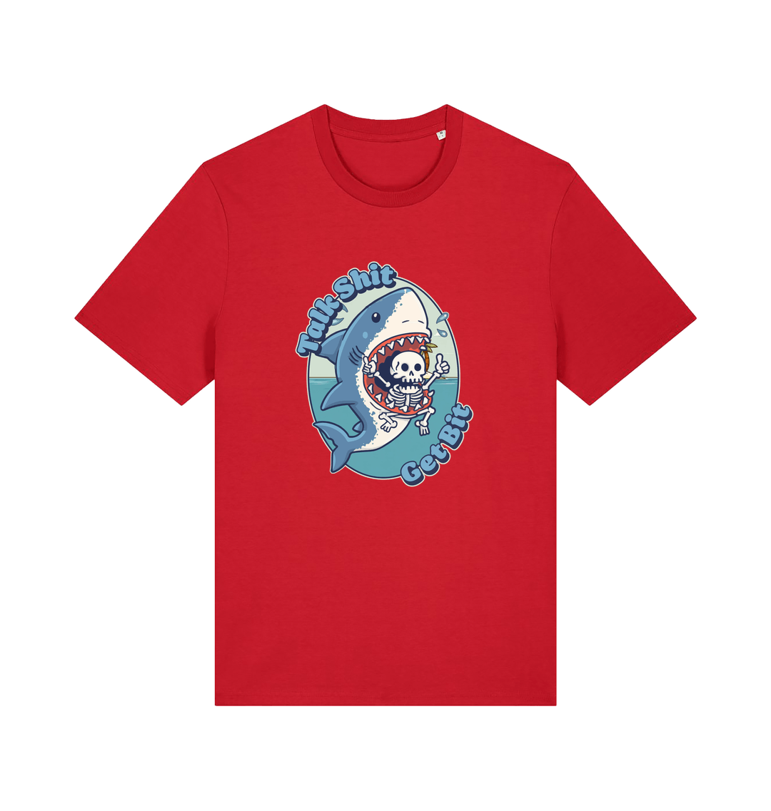red shark t-shirt with the graphic of a skeleton in a sharks mouth and the slogan 'talk shit get bit'