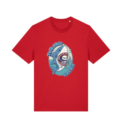 red shark t-shirt with the graphic of a skeleton in a sharks mouth and the slogan 'talk shit get bit'