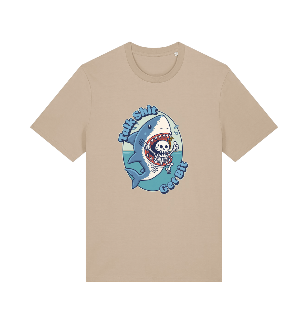 sand shark t-shirt with the graphic of a skeleton in a sharks mouth and the slogan 'talk shit get bit'