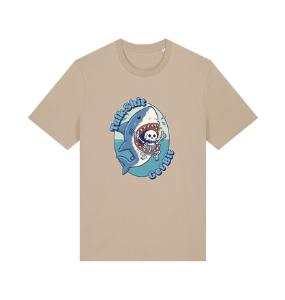 sand shark t-shirt with the graphic of a skeleton in a sharks mouth and the slogan 'talk shit get bit'