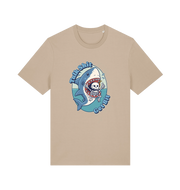 sand shark t-shirt with the graphic of a skeleton in a sharks mouth and the slogan 'talk shit get bit'
