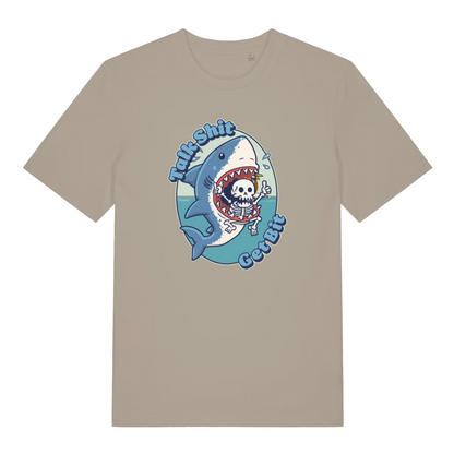 stone funny animal t-shirt with the graphic of a shark and the slogan 'talk shit get bit'