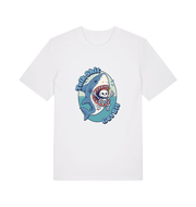 white shark t-shirt with the graphic of a skeleton in a sharks mouth and the slogan 'talk shit get bit'