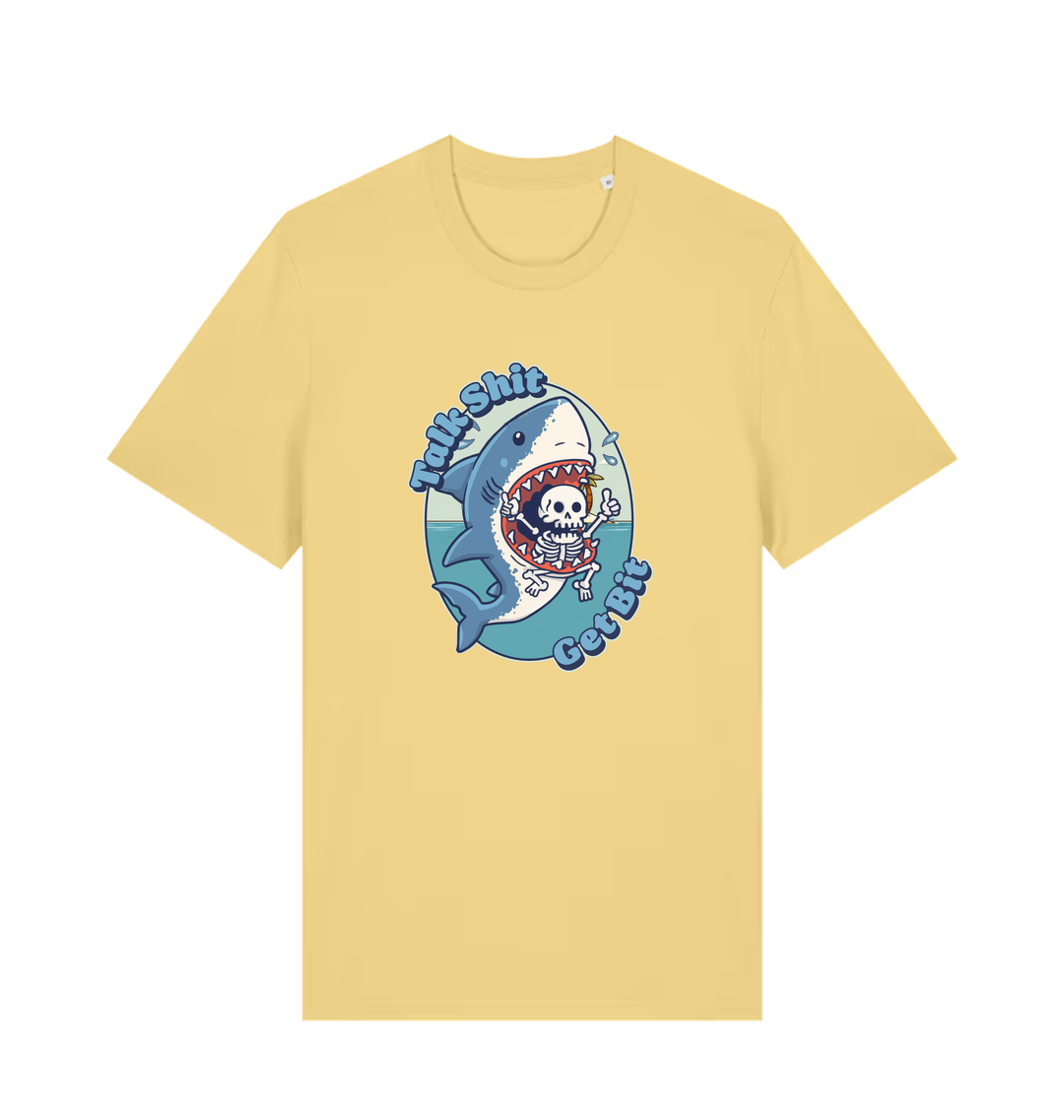 yellow shark t-shirt with the graphic of a skeleton in a sharks mouth and the slogan 'talk shit get bit'