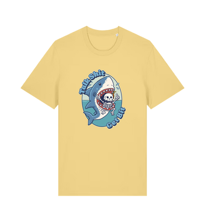 yellow shark t-shirt with the graphic of a skeleton in a sharks mouth and the slogan 'talk shit get bit'