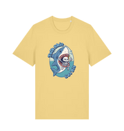 yellow shark t-shirt with the graphic of a skeleton in a sharks mouth and the slogan 'talk shit get bit'