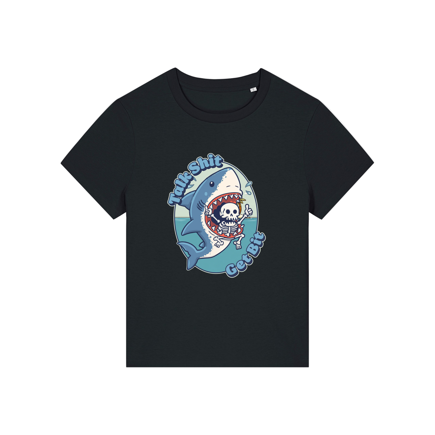 black shark t-shirt with the graphic of a shark with a skeleton in it's mouth and the slogan 'talk shit get bit'