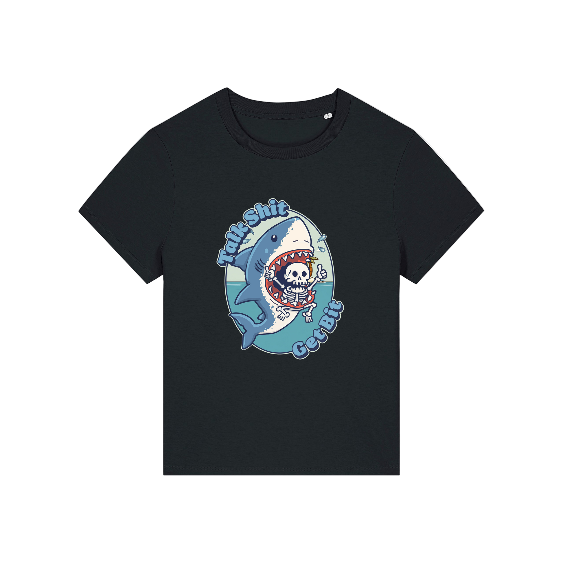 black shark t-shirt with the graphic of a shark with a skeleton in it's mouth and the slogan 'talk shit get bit'