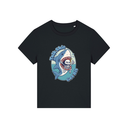 black shark t-shirt with the graphic of a shark with a skeleton in it's mouth and the slogan 'talk shit get bit'