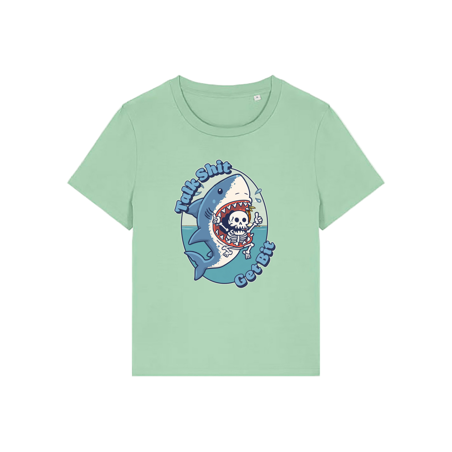 green shark t-shirt with the graphic of a shark with a skeleton in it's mouth and the slogan 'talk shit get bit'