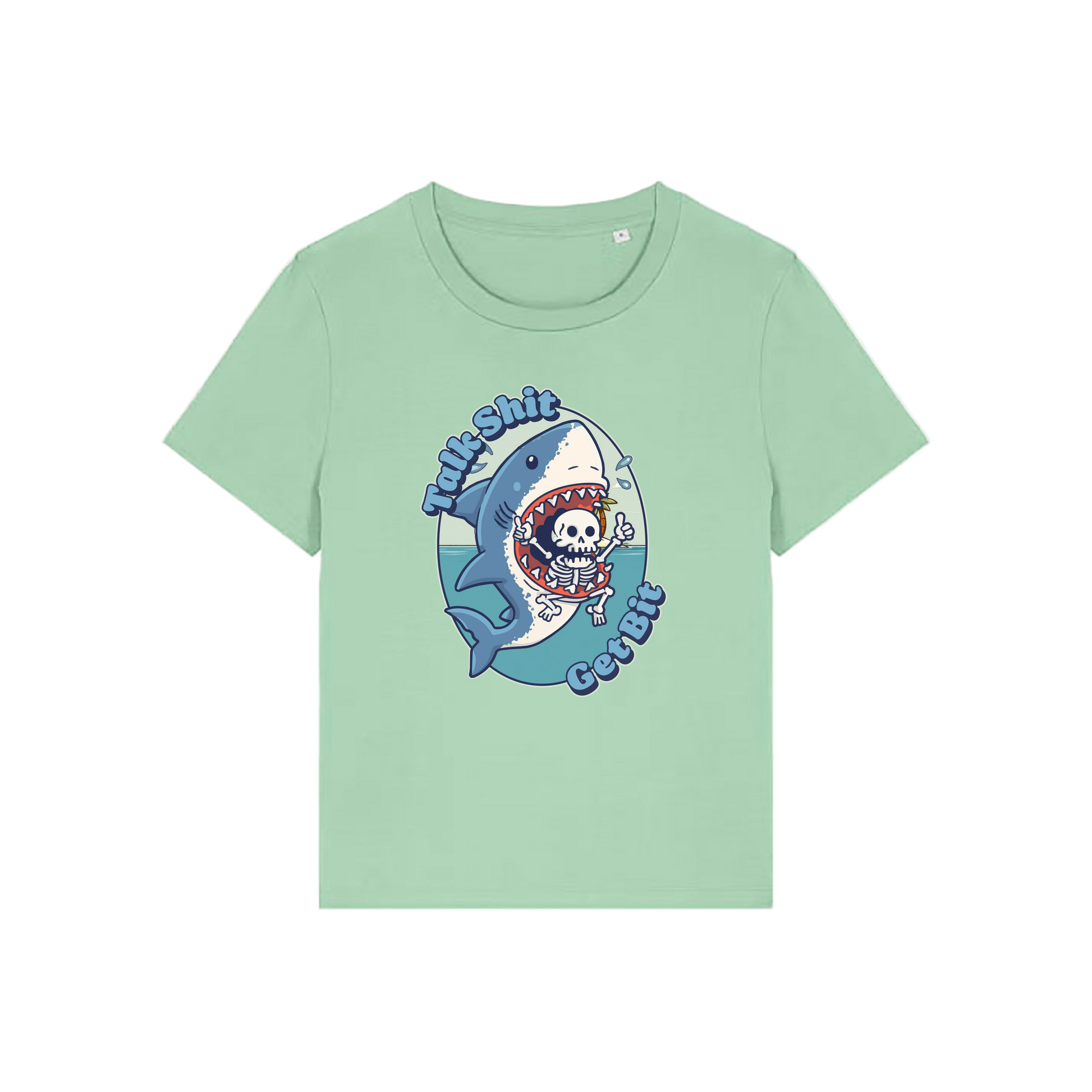 green shark t-shirt with the graphic of a shark with a skeleton in it's mouth and the slogan 'talk shit get bit'