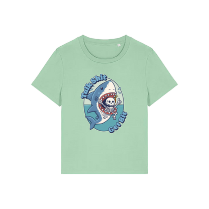 green shark t-shirt with the graphic of a shark with a skeleton in it's mouth and the slogan 'talk shit get bit'