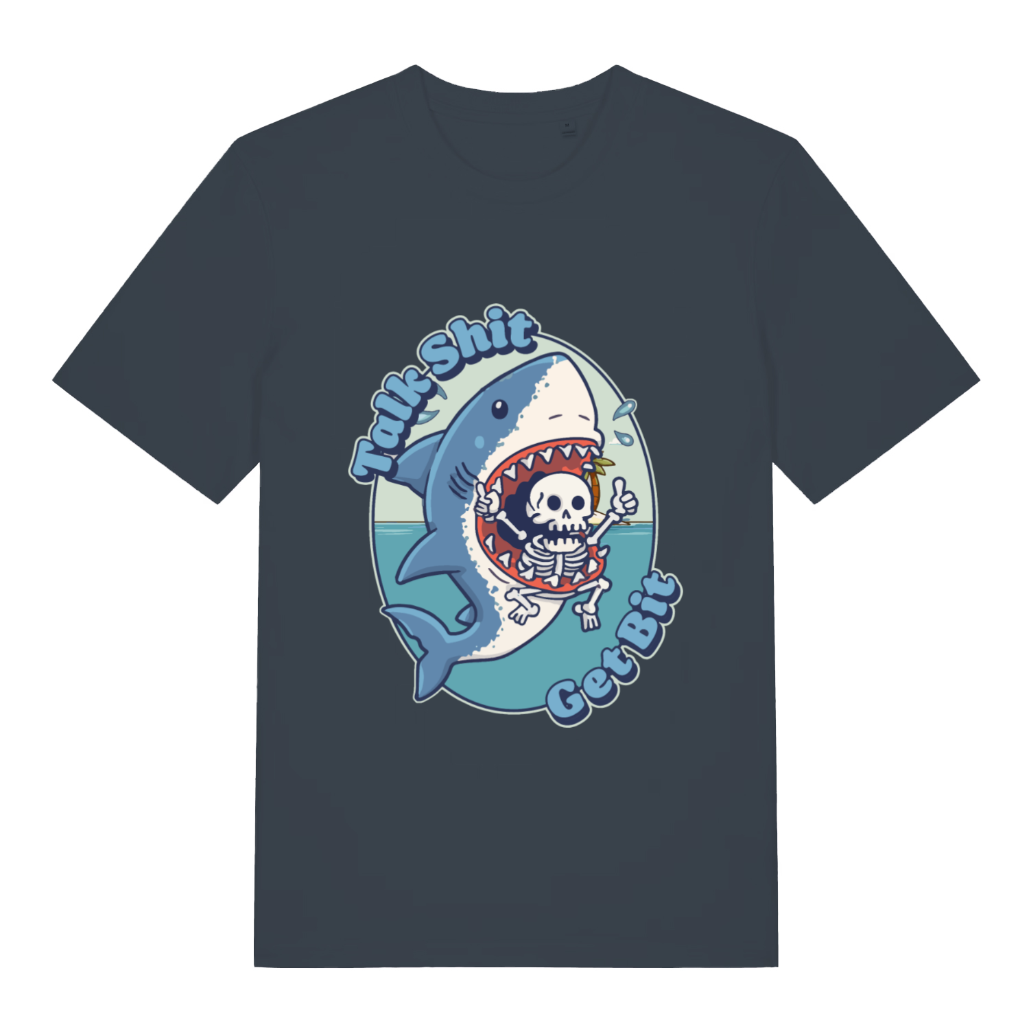 ink grey women's funny sarcastic t-shirt with the graphic of a shark biting a skeleton and the slogan 'talk shit get bit'