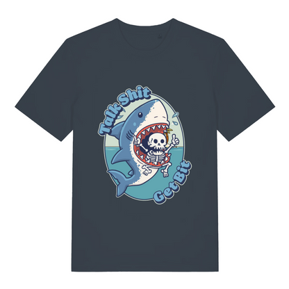 ink grey women's funny sarcastic t-shirt with the graphic of a shark biting a skeleton and the slogan 'talk shit get bit'