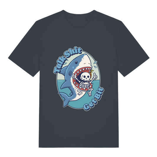 ink grey women's funny sarcastic t-shirt with the graphic of a shark biting a skeleton and the slogan 'talk shit get bit'