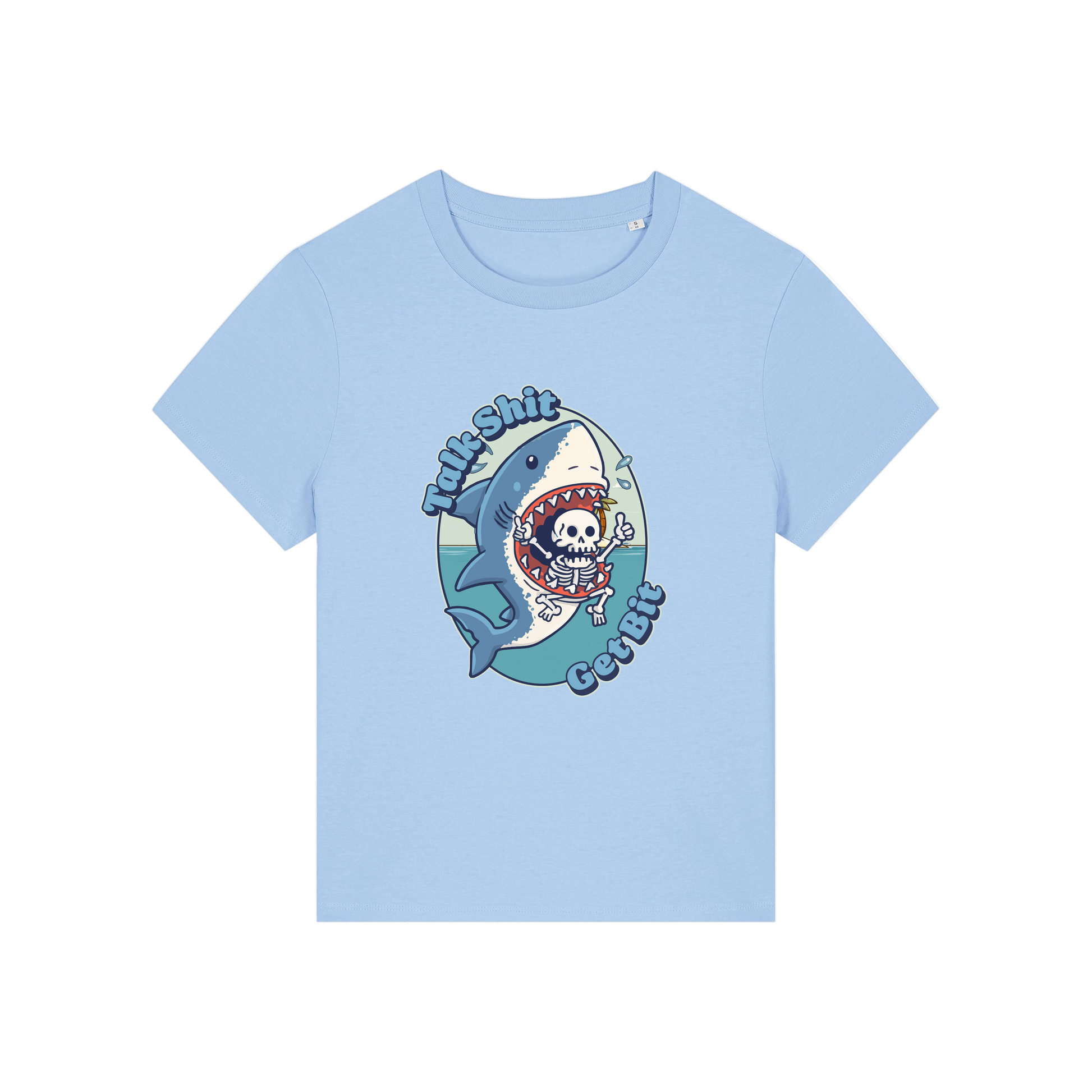 light blue shark t-shirt with the graphic of a shark with a skeleton in it's mouth and the slogan 'talk shit get bit'