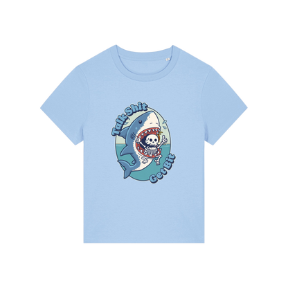 light blue shark t-shirt with the graphic of a shark with a skeleton in it's mouth and the slogan 'talk shit get bit'