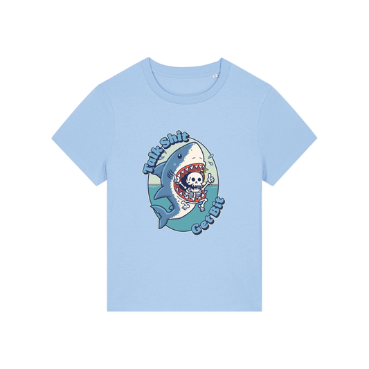 light blue shark t-shirt with the graphic of a shark with a skeleton in it's mouth and the slogan 'talk shit get bit'