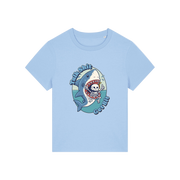 light blue shark t-shirt with the graphic of a shark with a skeleton in it's mouth and the slogan 'talk shit get bit'