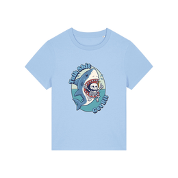 light blue shark t-shirt with the graphic of a shark with a skeleton in it's mouth and the slogan 'talk shit get bit'