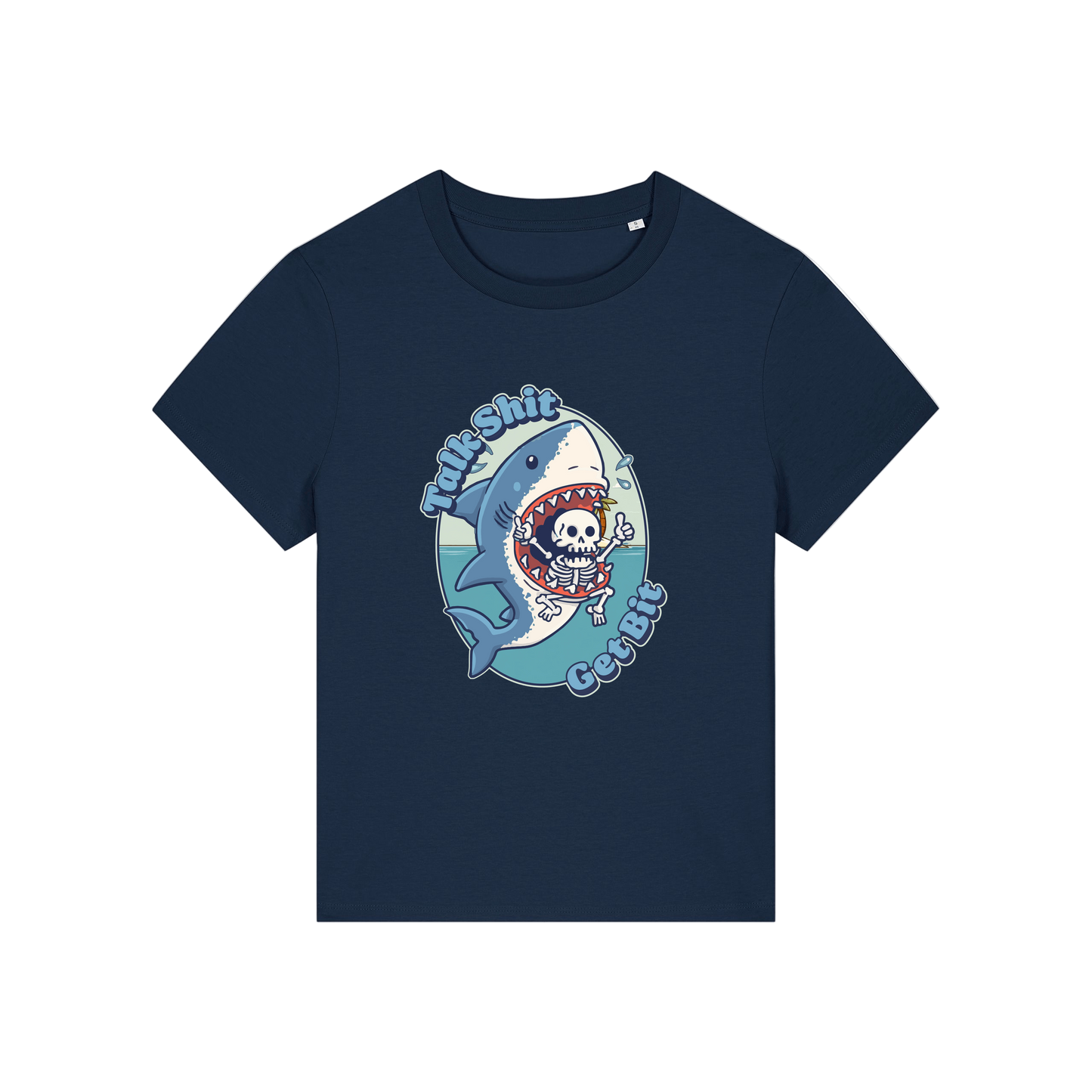 navy shark t-shirt with the graphic of a shark with a skeleton in it's mouth and the slogan 'talk shit get bit'