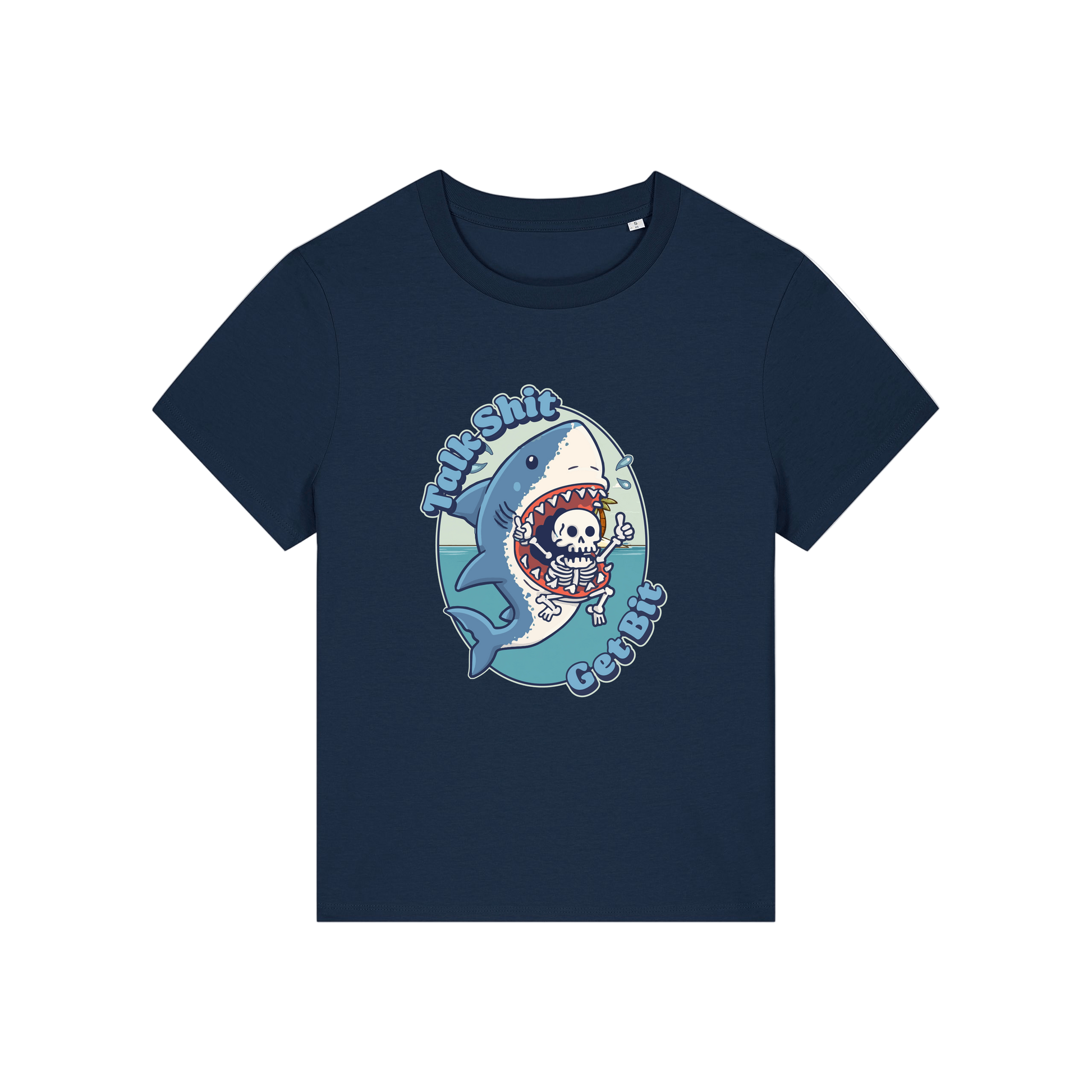 navy shark t-shirt with the graphic of a shark with a skeleton in it's mouth and the slogan 'talk shit get bit'