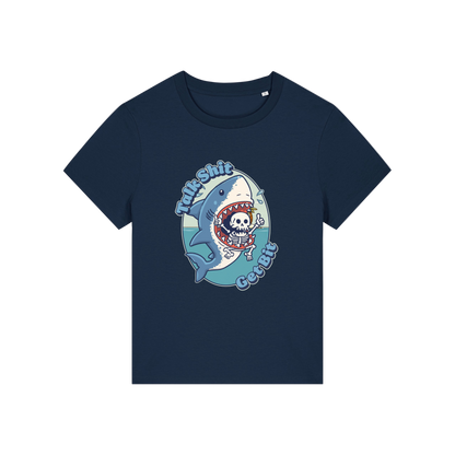 navy shark t-shirt with the graphic of a shark with a skeleton in it's mouth and the slogan 'talk shit get bit'