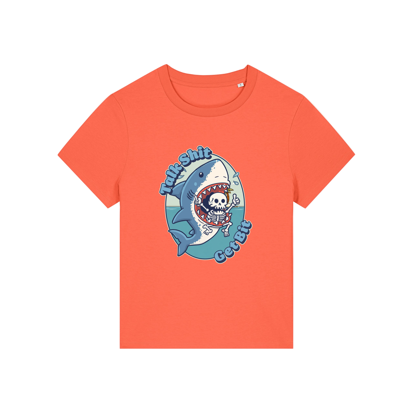 orange shark t-shirt with the graphic of a shark with a skeleton in it's mouth and the slogan 'talk shit get bit'