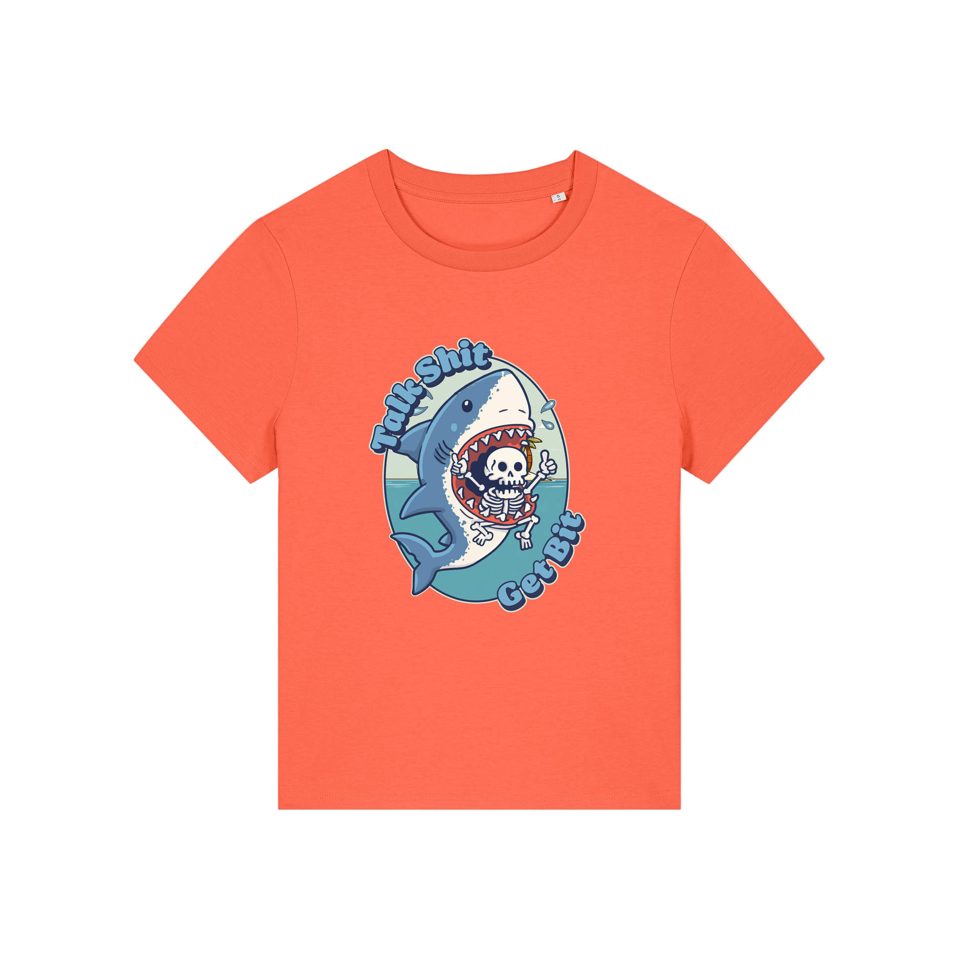 orange shark t-shirt with the graphic of a shark with a skeleton in it's mouth and the slogan 'talk shit get bit'