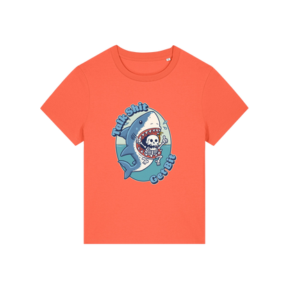 orange shark t-shirt with the graphic of a shark with a skeleton in it's mouth and the slogan 'talk shit get bit'