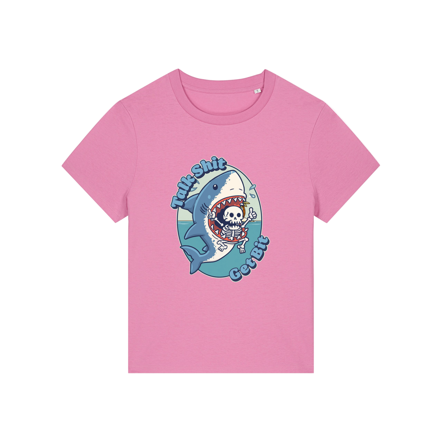 pink shark t-shirt with the graphic of a shark with a skeleton in it's mouth and the slogan 'talk shit get bit'