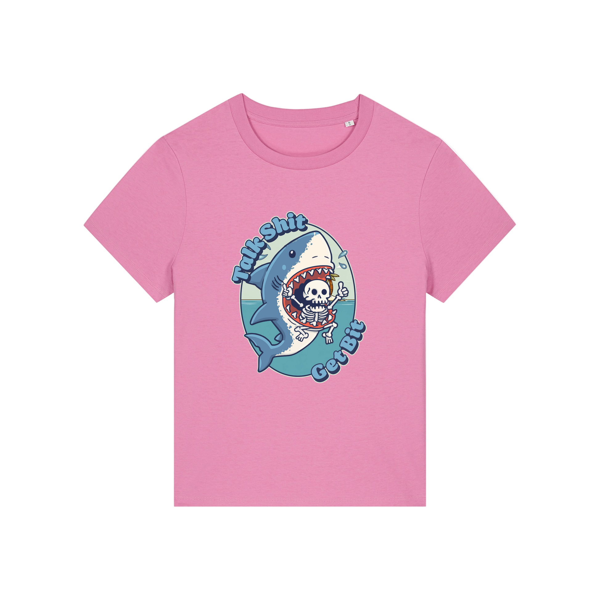pink shark t-shirt with the graphic of a shark with a skeleton in it's mouth and the slogan 'talk shit get bit'