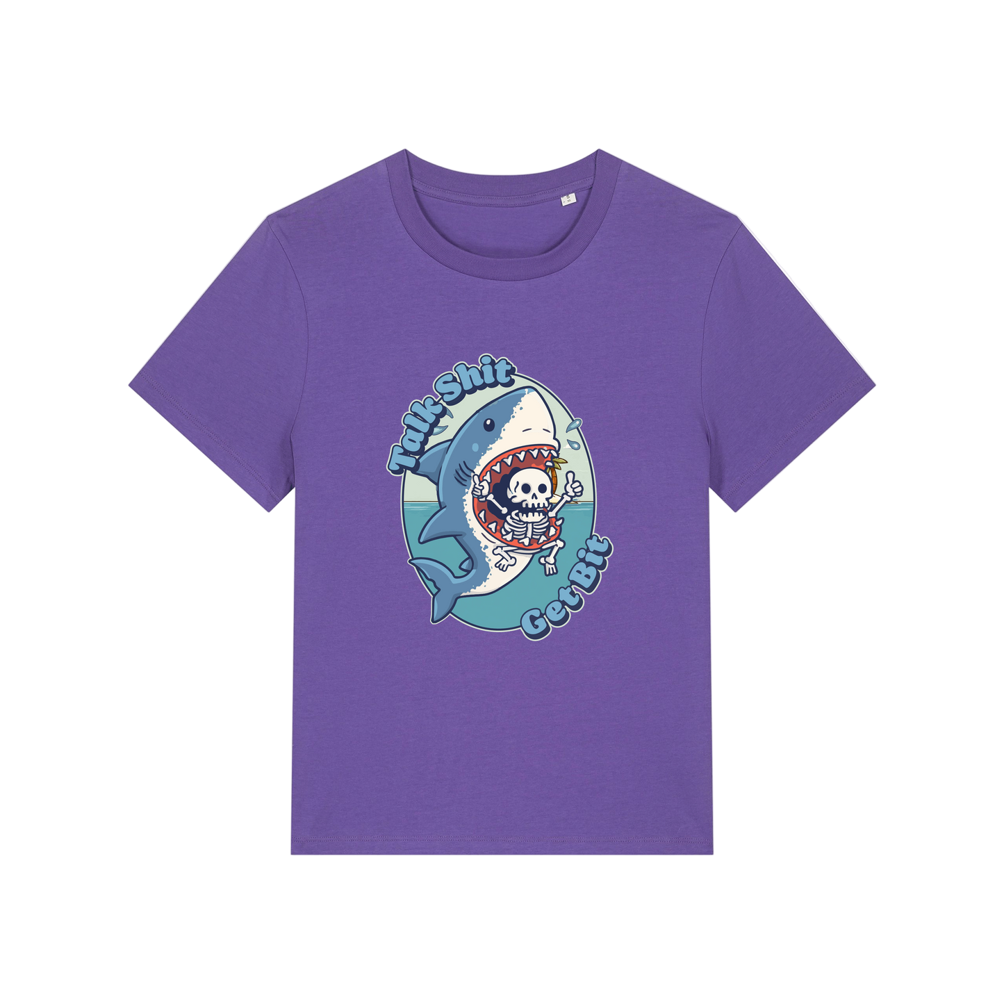purple shark t-shirt with the graphic of a shark with a skeleton in it's mouth and the slogan 'talk shit get bit'