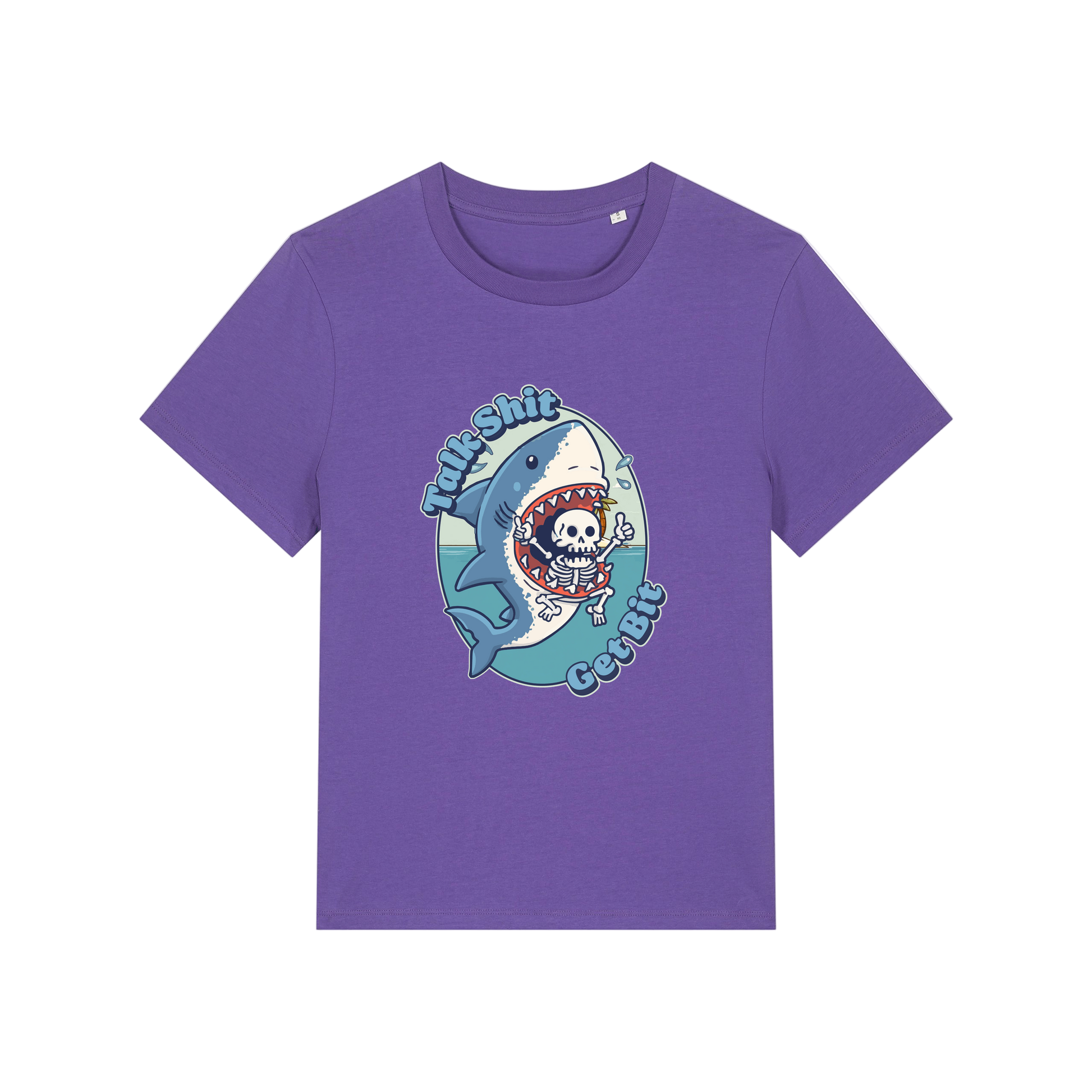 purple shark t-shirt with the graphic of a shark with a skeleton in it's mouth and the slogan 'talk shit get bit'