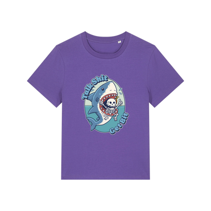 purple shark t-shirt with the graphic of a shark with a skeleton in it's mouth and the slogan 'talk shit get bit'