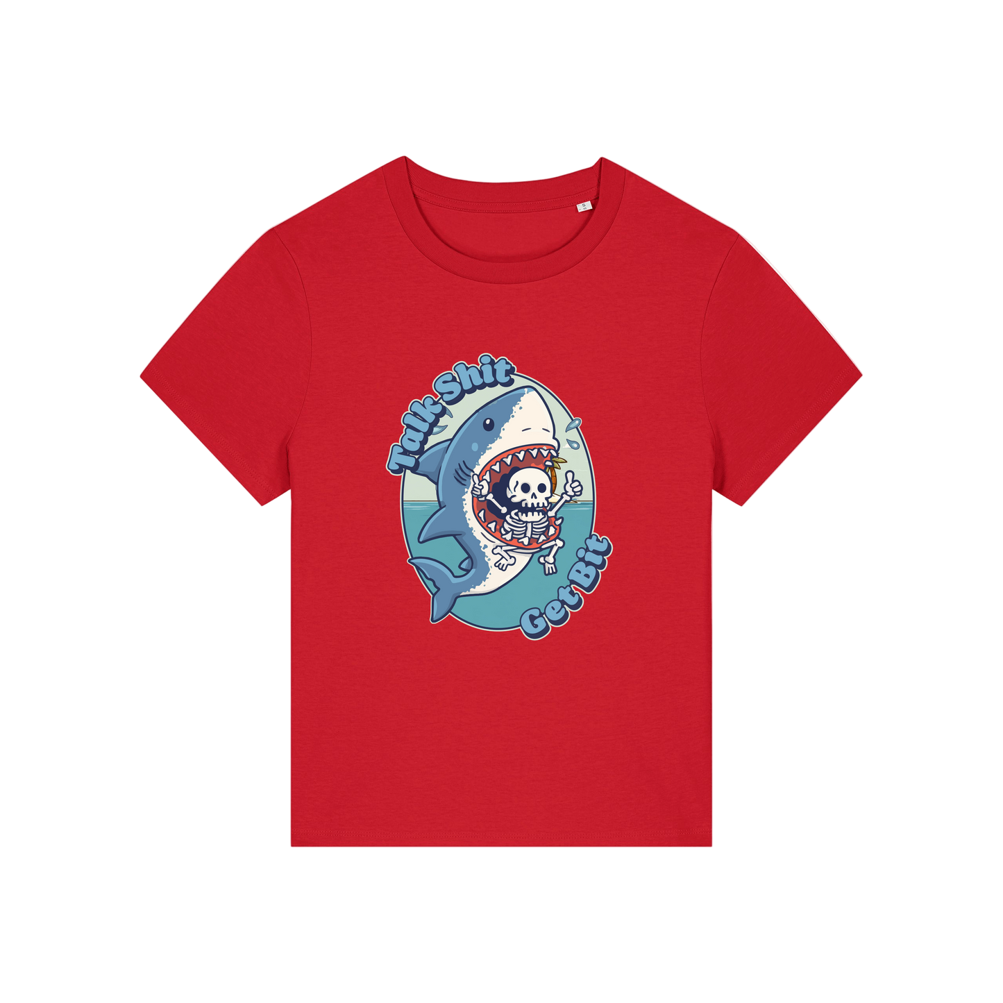 red shark t-shirt with the graphic of a shark with a skeleton in it's mouth and the slogan 'talk shit get bit'