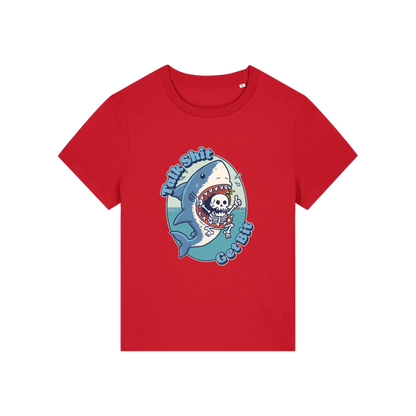 red shark t-shirt with the graphic of a shark with a skeleton in it's mouth and the slogan 'talk shit get bit'