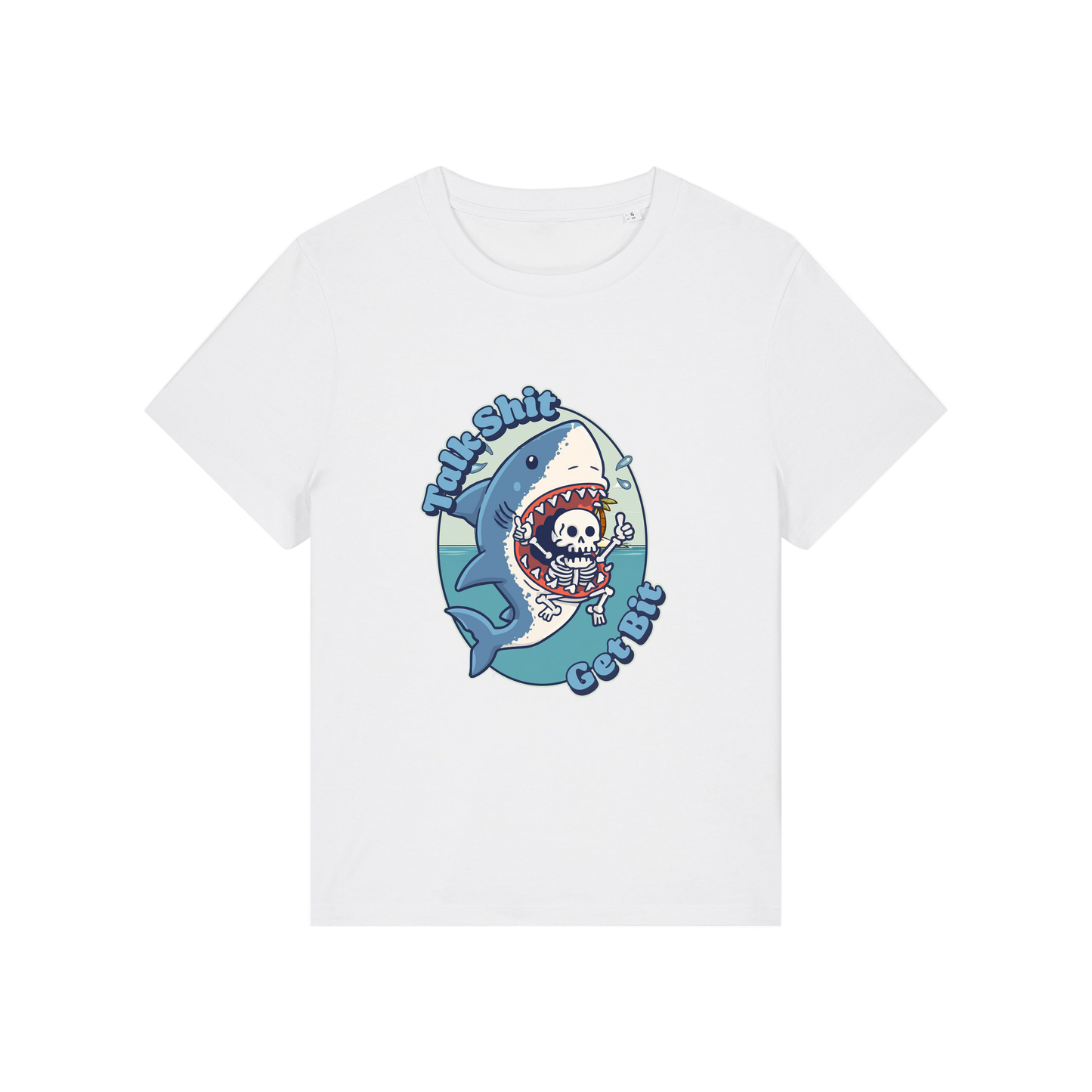white shark t-shirt with the graphic of a shark with a skeleton in it's mouth and the slogan 'talk shit get bit'