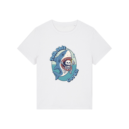white shark t-shirt with the graphic of a shark with a skeleton in it's mouth and the slogan 'talk shit get bit'