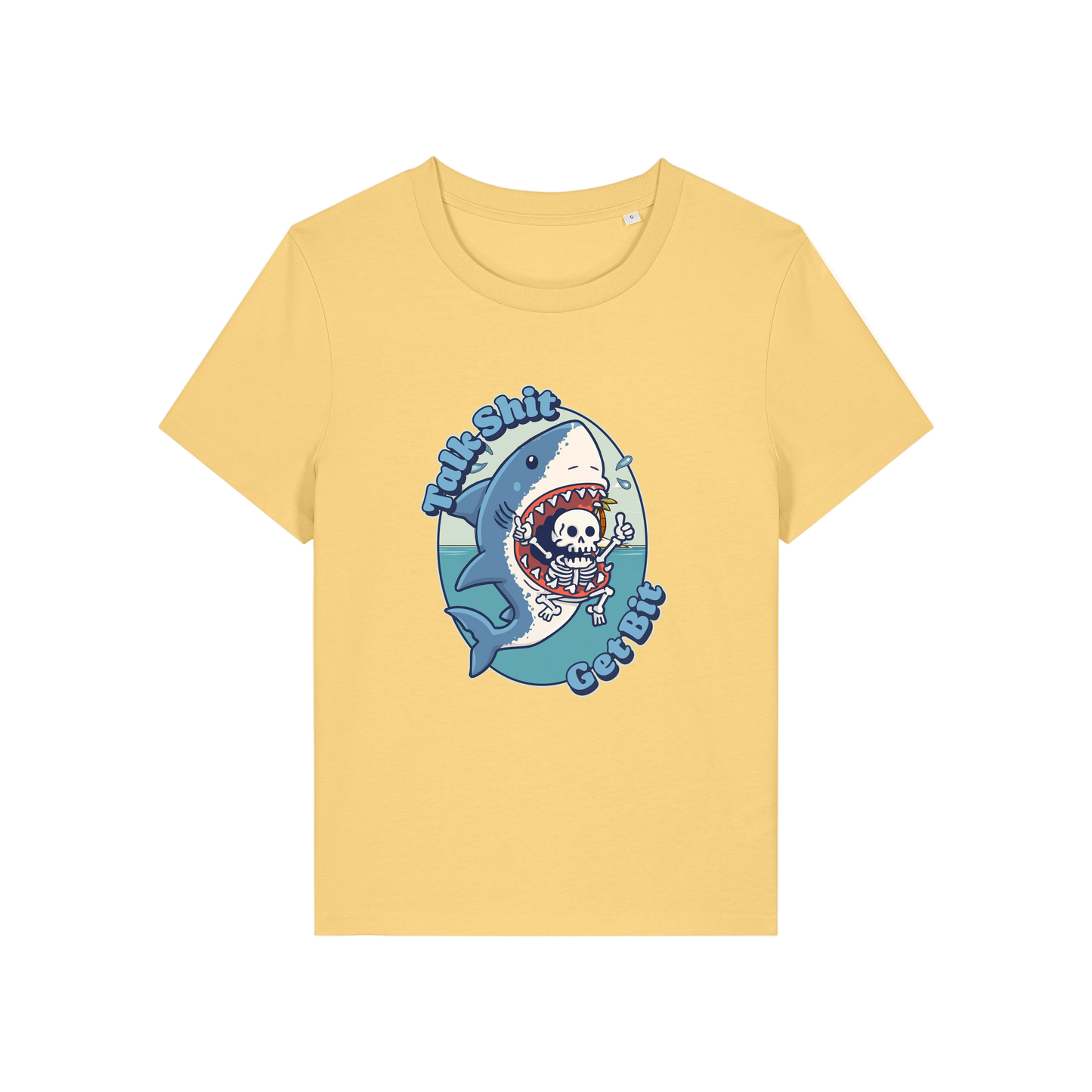 yellow shark t-shirt with the graphic of a shark with a skeleton in it's mouth and the slogan 'talk shit get bit'
