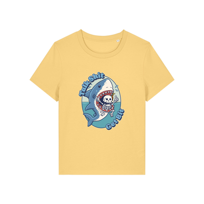 yellow shark t-shirt with the graphic of a shark with a skeleton in it's mouth and the slogan 'talk shit get bit'