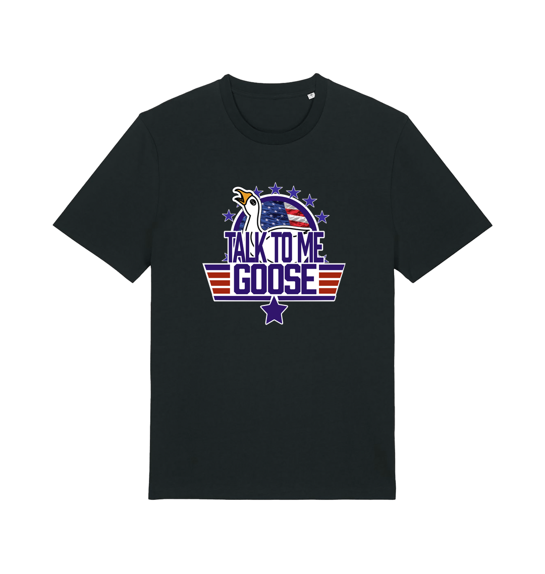 black movie t-shirt with the graphic of a goose and the slogan 'talk to me goose'