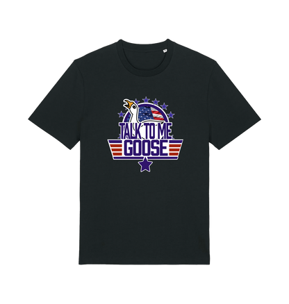 black movie t-shirt with the graphic of a goose and the slogan 'talk to me goose'