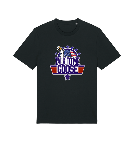 black movie t-shirt with the graphic of a goose and the slogan 'talk to me goose'