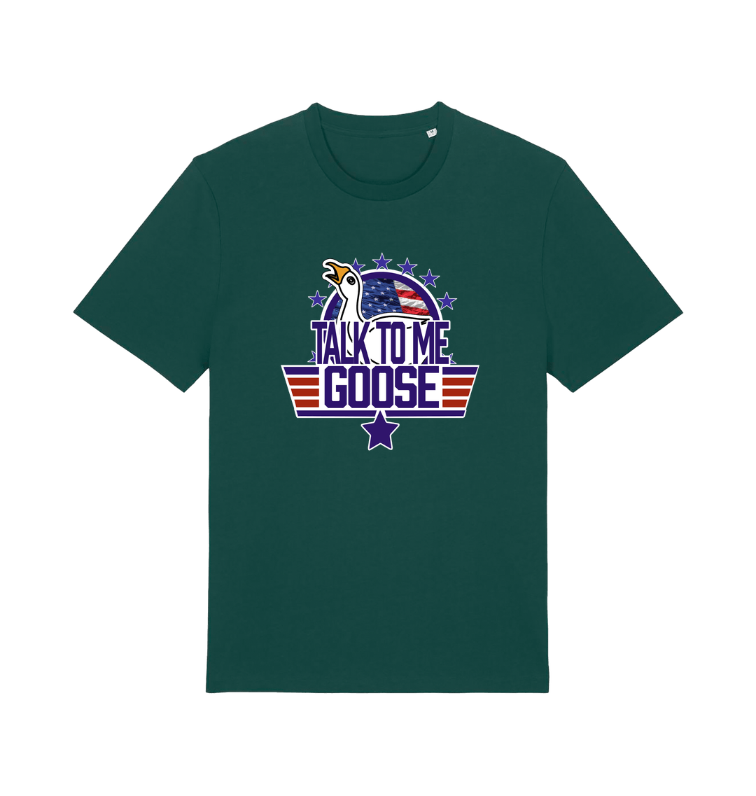 green movie t-shirt with the graphic of a goose and the slogan 'talk to me goose'