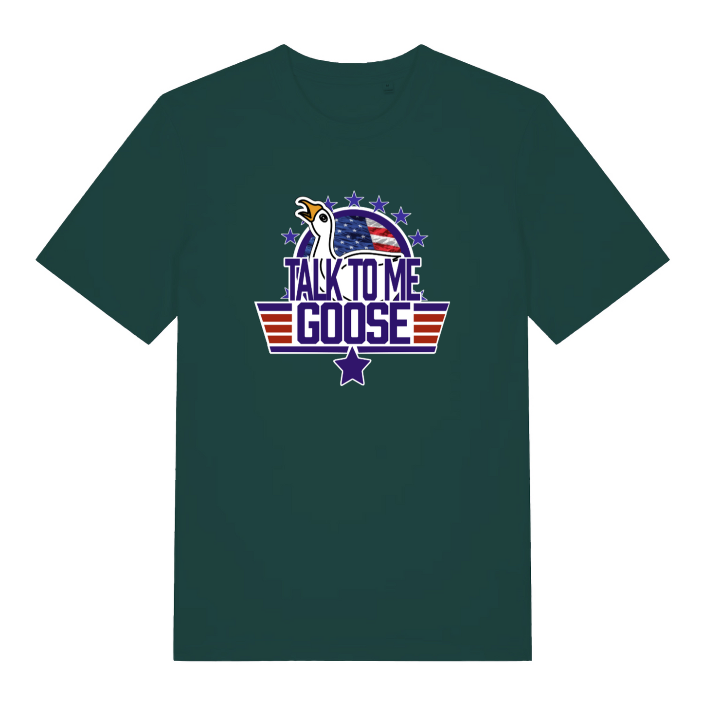 green movie t-shirt with the graphic of a goose and the slogan 'talk to me goose'