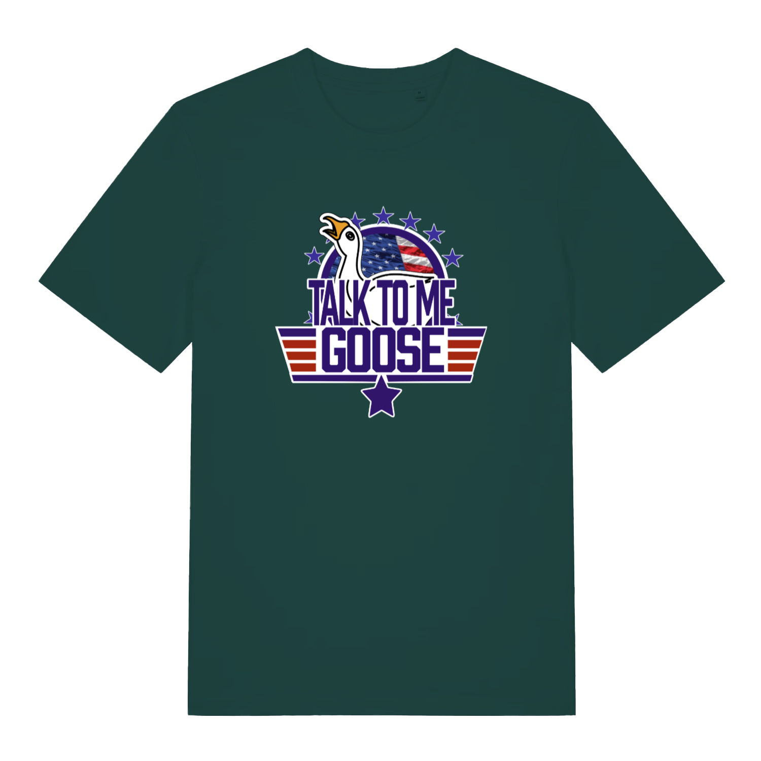 green movie t-shirt with the graphic of a goose and the slogan 'talk to me goose'