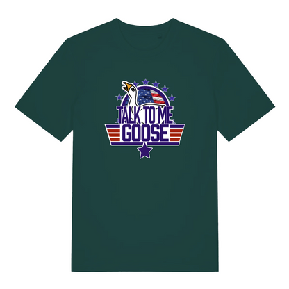 green movie t-shirt with the graphic of a goose and the slogan 'talk to me goose'