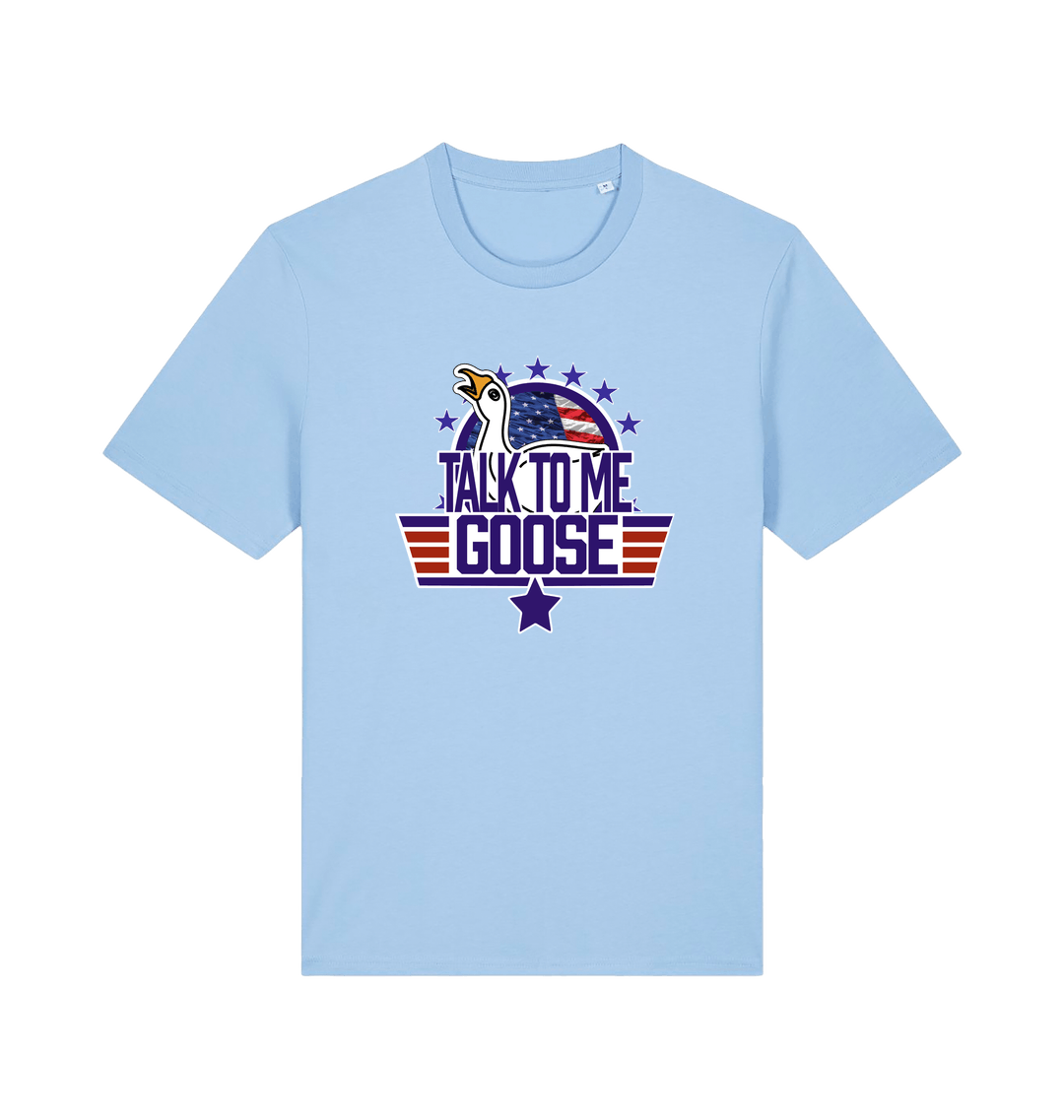 light blue movie t-shirt with the graphic of a goose and the slogan 'talk to me goose'