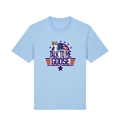 light blue movie t-shirt with the graphic of a goose and the slogan 'talk to me goose'